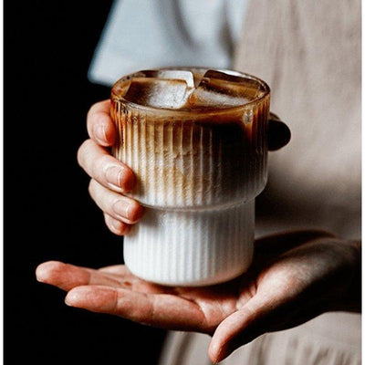 Ribbed drinking glasses, set of tall glass tumblers with matte white base and clear upper section, for cold and hot drinks