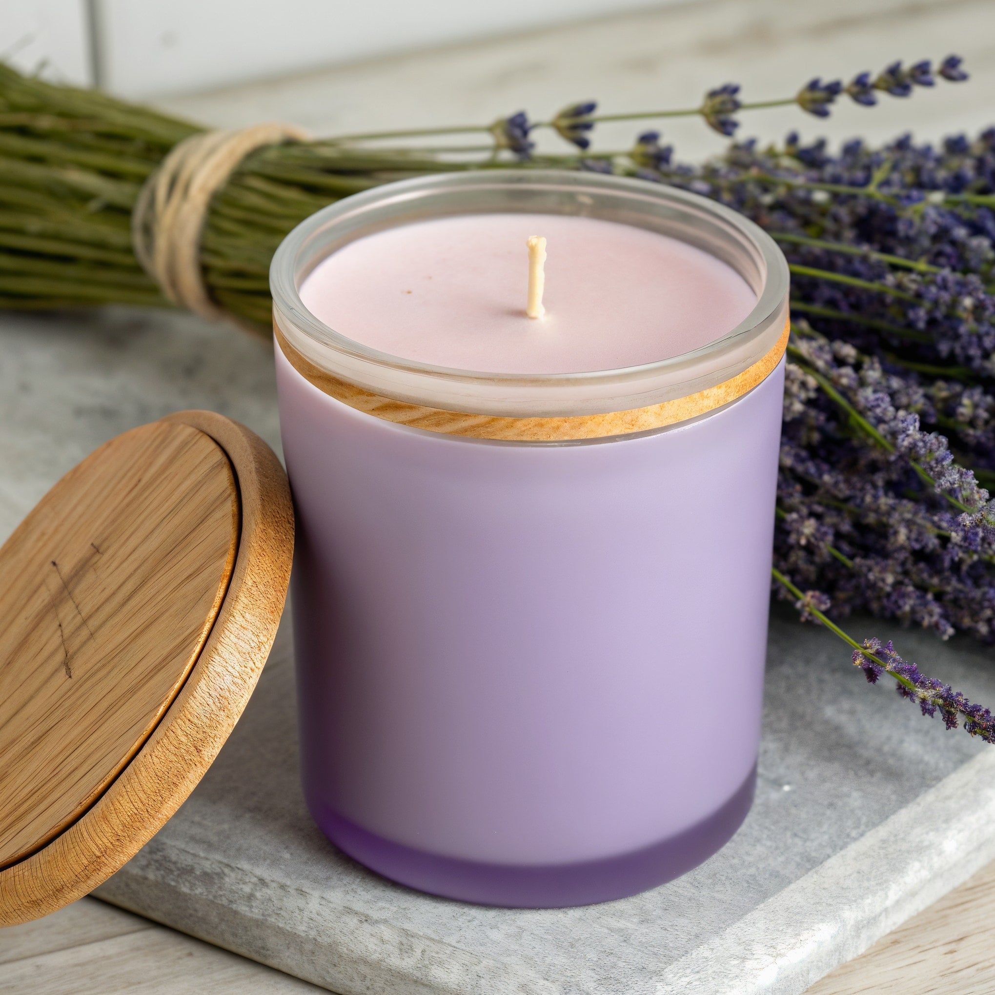 Naldony Lavender Fields Soy Candle — three-quarter front view showing the matte lavender glass jar with wooden lid