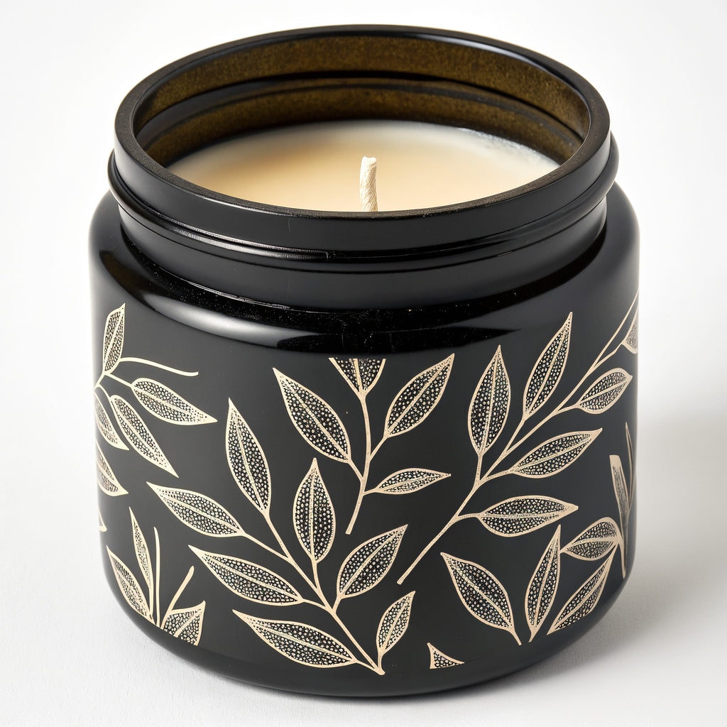 Naldony Black Tea Soy Candle — black jar with tea leaf pattern, front view