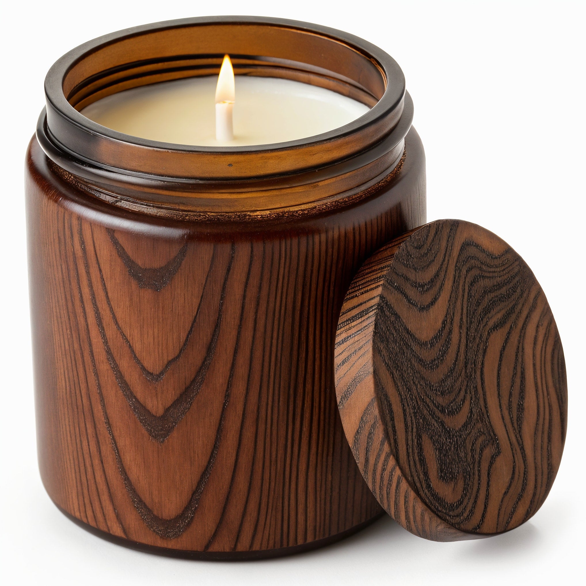 Naldony Sandalwood Serenity Soy Candle — Three-quarter front view showing the brown jar with wooden grain pattern