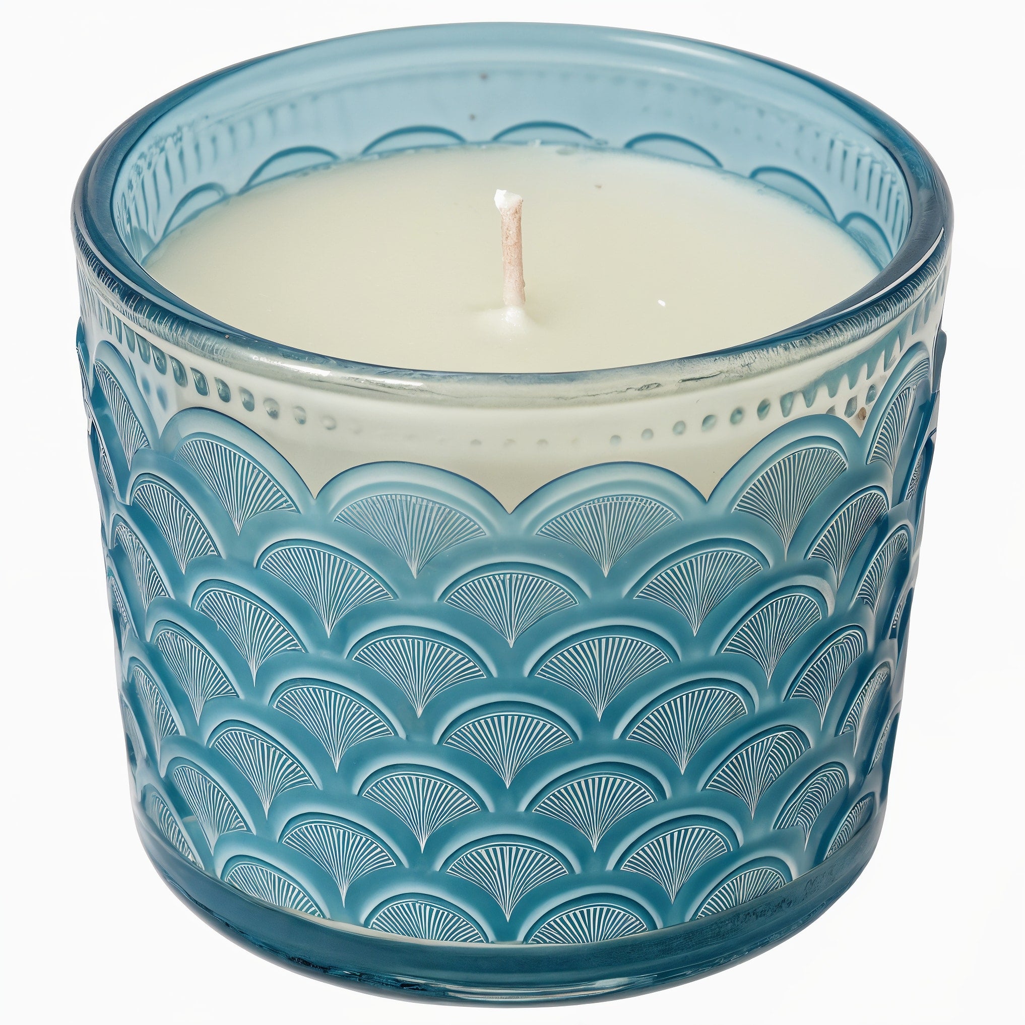 Naldony Ocean Mist Soy Candle — three-quarter front view in blue glass jar with wave pattern