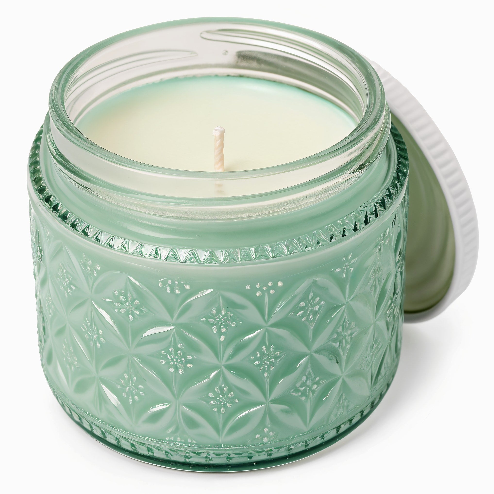 Naldony Mint Refresh Soy Candle — three-quarter front view, mint green jar with embossed texture