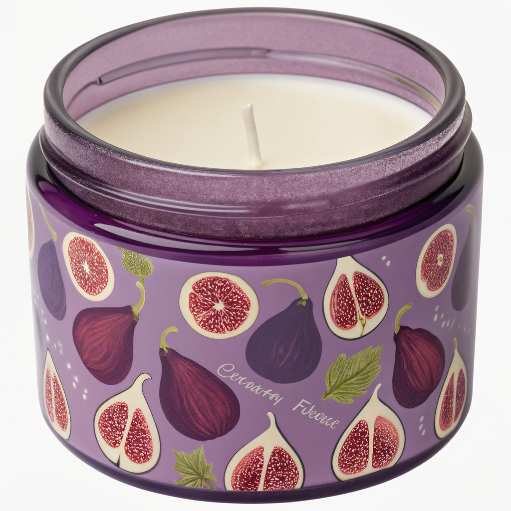 Naldony Fig Delight Soy Candle — Three-quarter front view showing purple jar with fig pattern