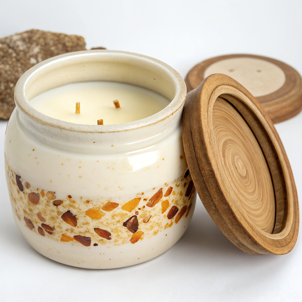 Naldony Vanilla Amber Soy Candle — three-quarter front view, ivory jar with amber accents