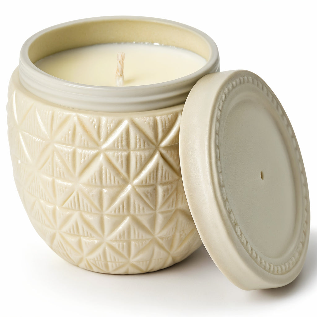 Naldony Vanilla Coconut Soy Candle — Hero front view of ivory jar with coconut texture