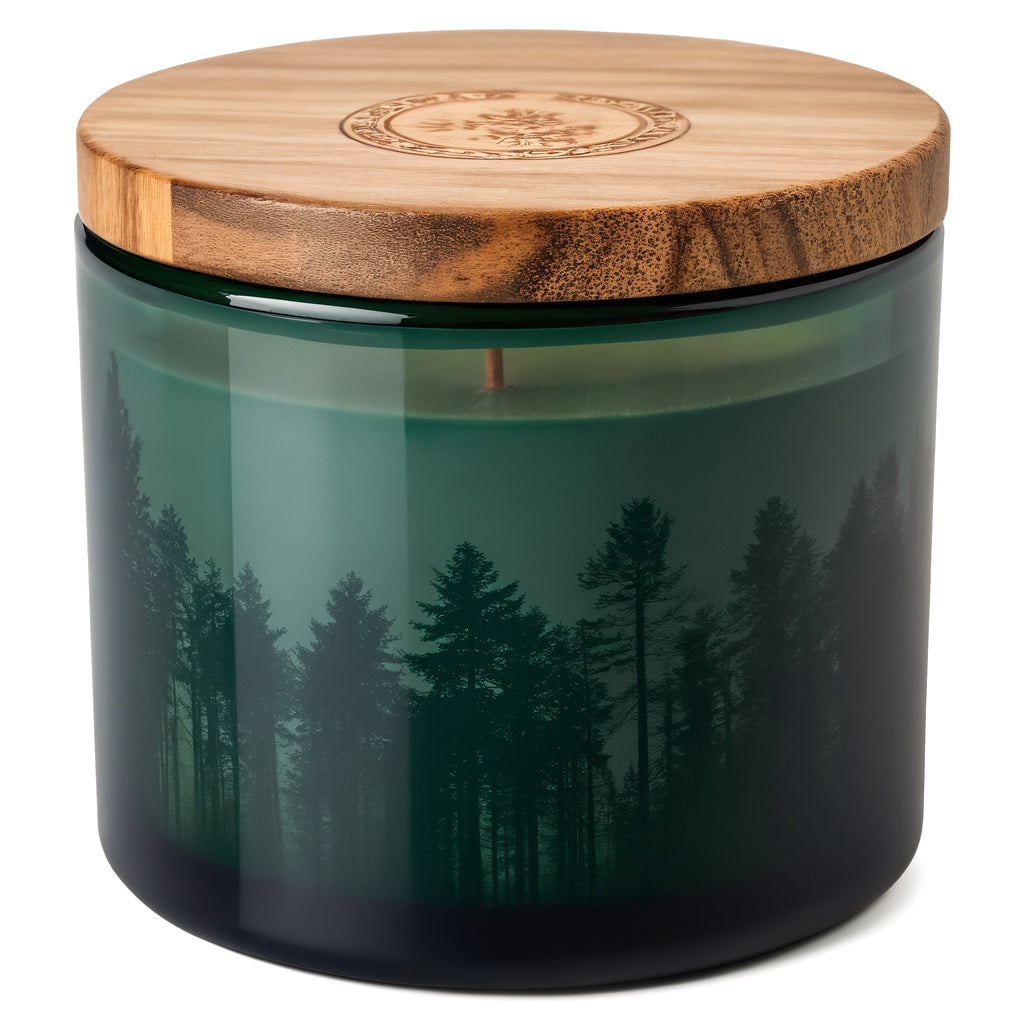 Naldony Forest Escape Soy Candle — three-quarter front view showing the green jar and wooden lid
