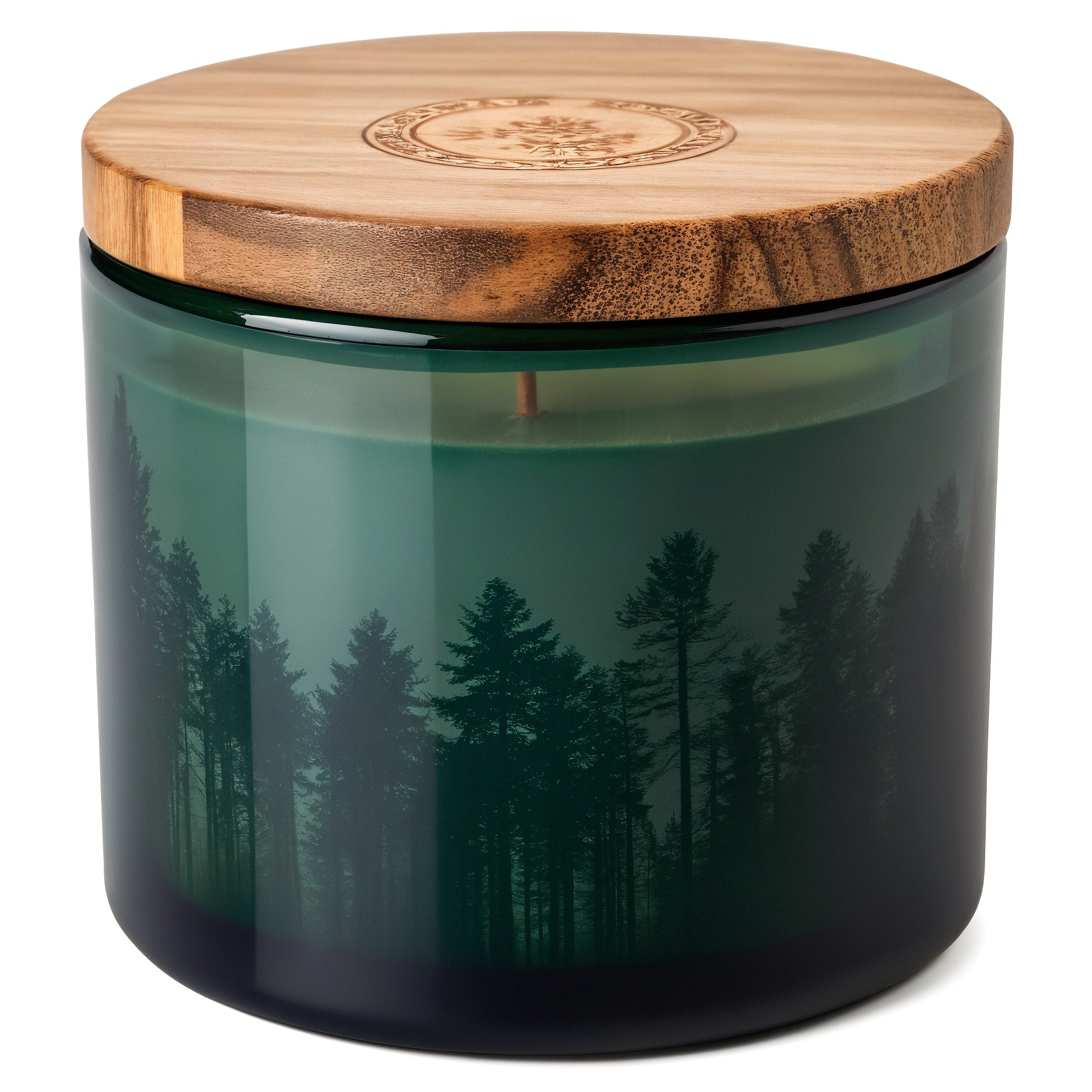 Naldony Forest Escape Soy Candle — three-quarter front view showing the green jar and wooden lid
