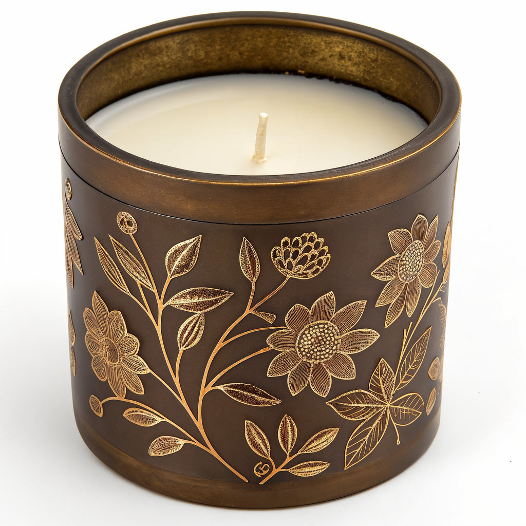 Naldony Patchouli Dream Soy Candle — hero front view showing entire bronze jar with floral design