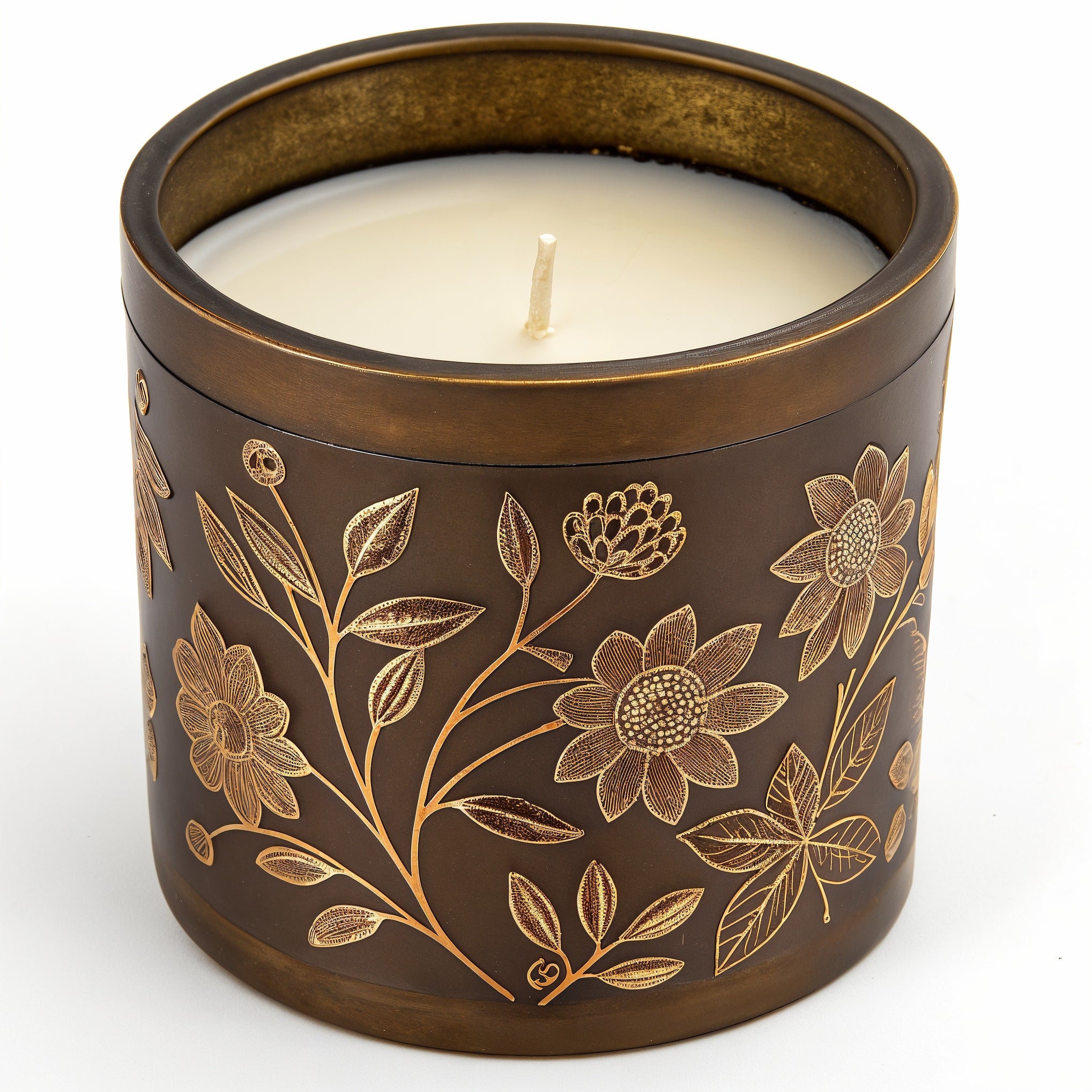 Naldony Patchouli Dream Soy Candle — hero front view showing entire bronze jar with floral design