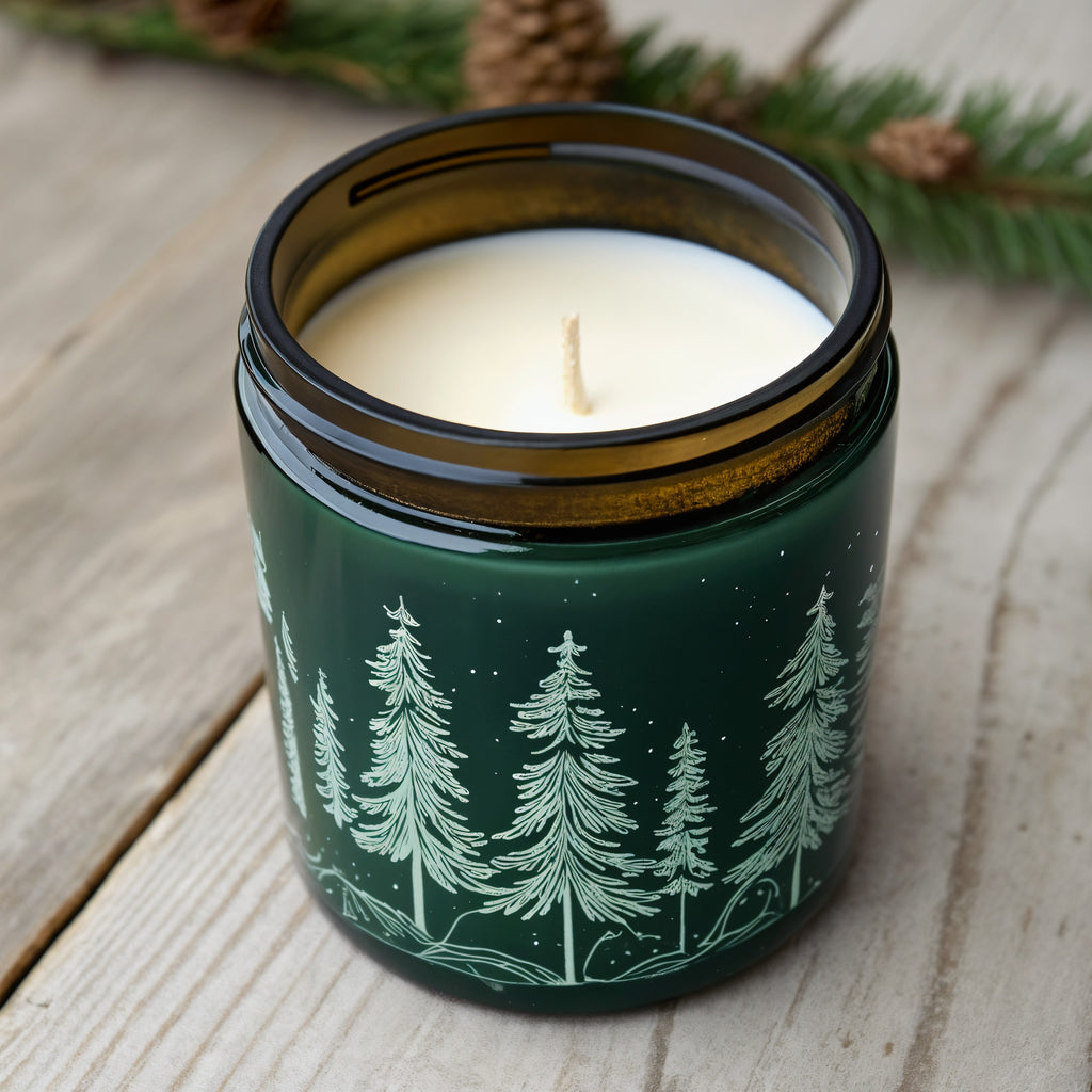 Naldony Pine Forest Soy Candle — Dark green jar with pine motif, front view