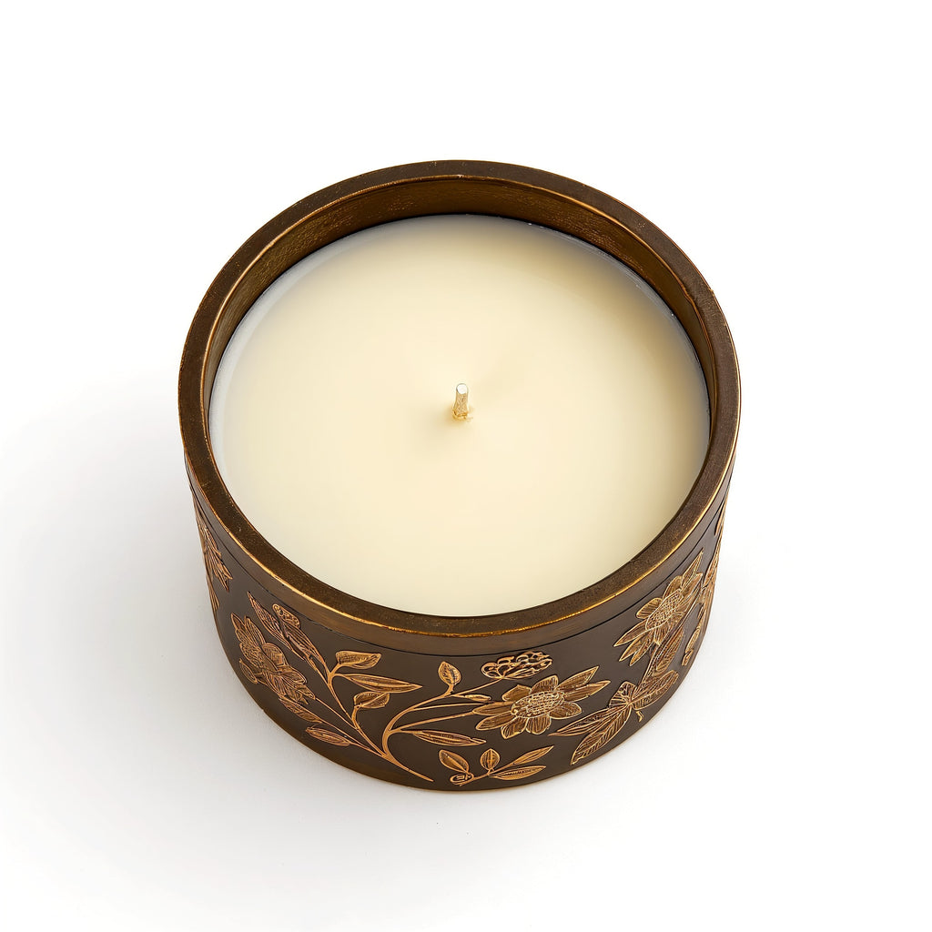Naldony Patchouli Dream Soy Candle — top-down view showing inside of the bronze jar