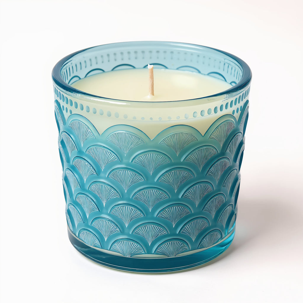 Naldony Ocean Mist Soy Candle — direct side profile showing the wave pattern on blue glass