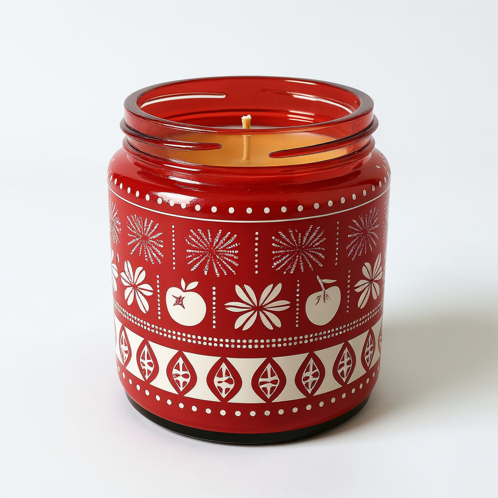 Naldony Spiced Apple Soy Candle — side profile view of red jar