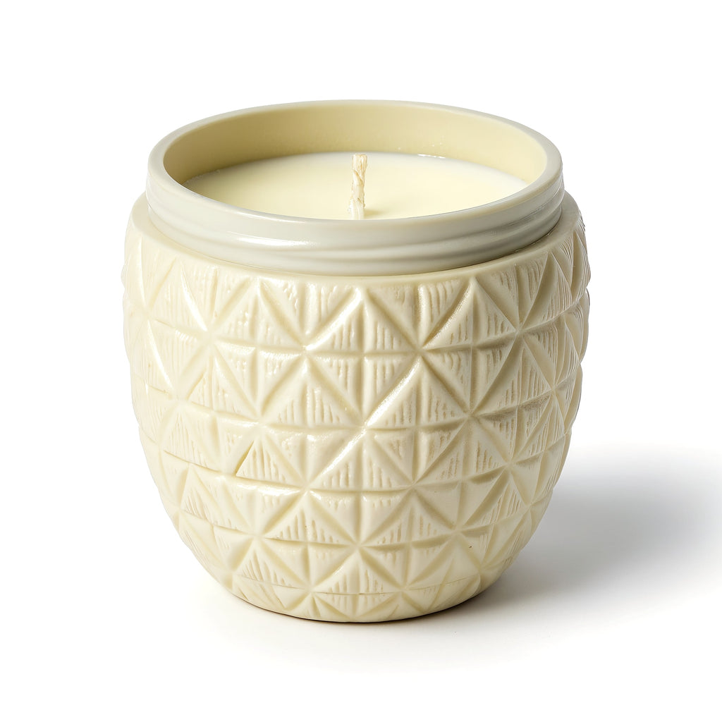 Naldony Vanilla Coconut Soy Candle — Side profile of ivory jar with coconut texture