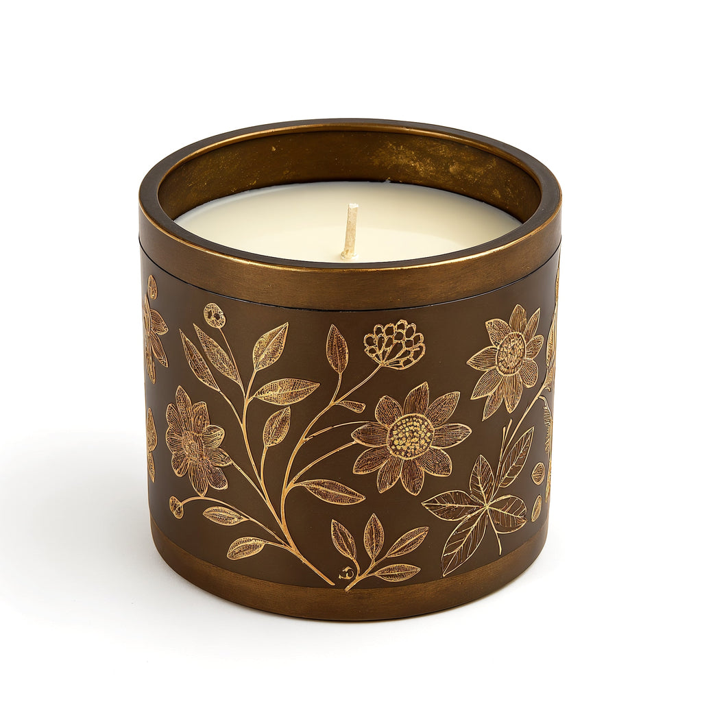 Naldony Patchouli Dream Soy Candle — side profile showing silhouette of the bronze jar