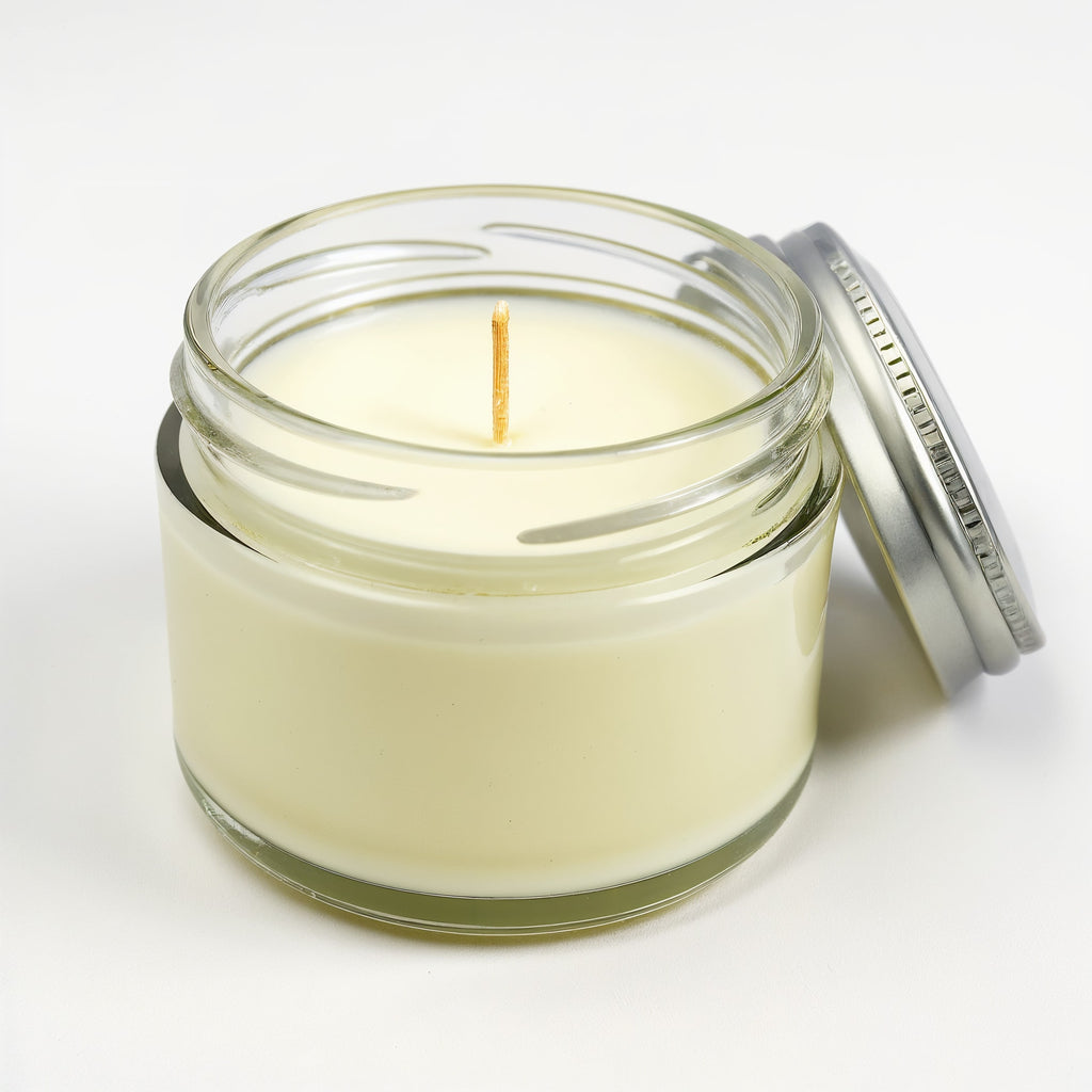 Naldony Lemon Verbena Soy Candle — side profile of clear glass jar with lemon accents