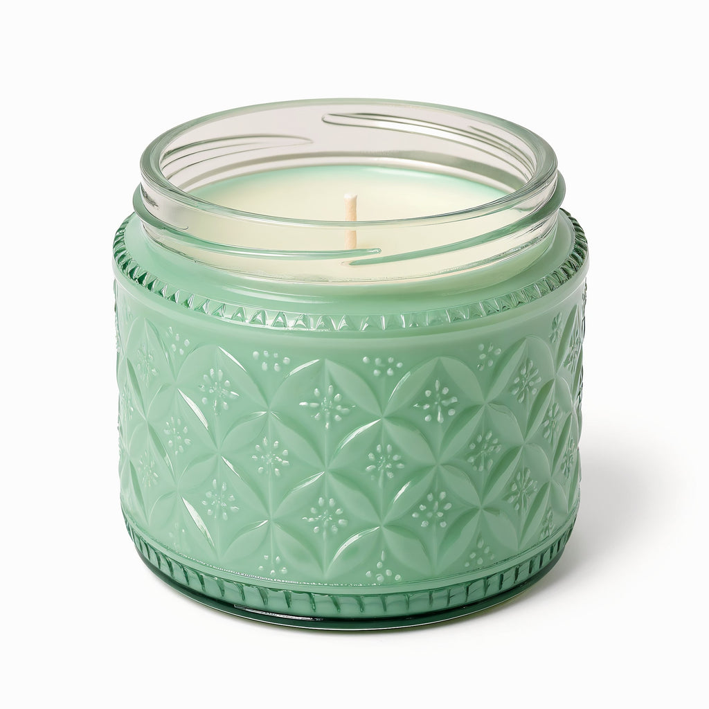 Naldony Mint Refresh Soy Candle — direct side profile of the mint green jar with embossed texture