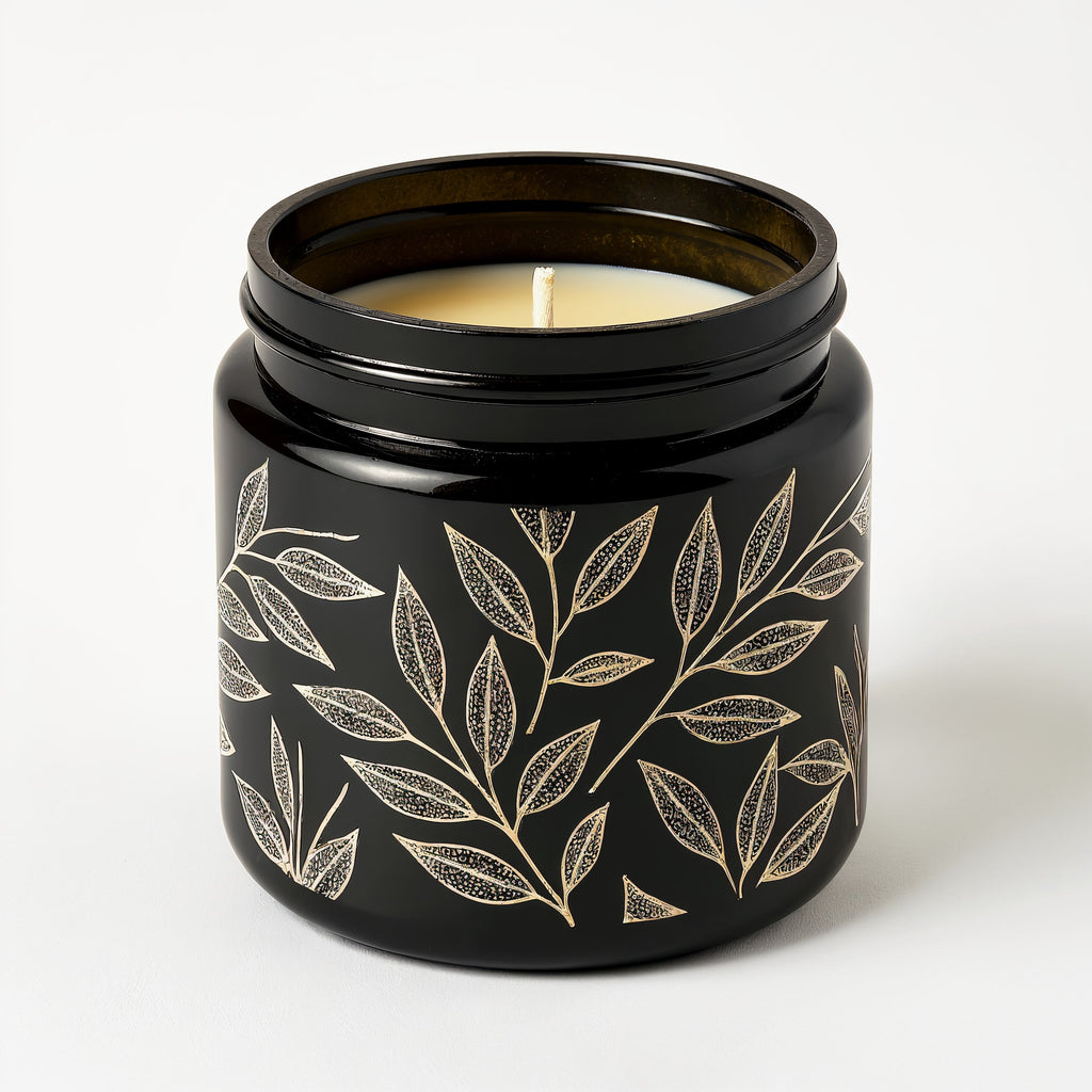 Naldony Black Tea Soy Candle — side profile of black jar with pattern