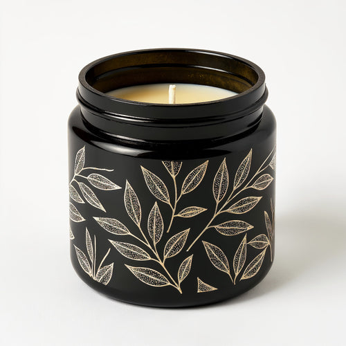 Naldony Black Tea Soy Candle — side profile of black jar with pattern