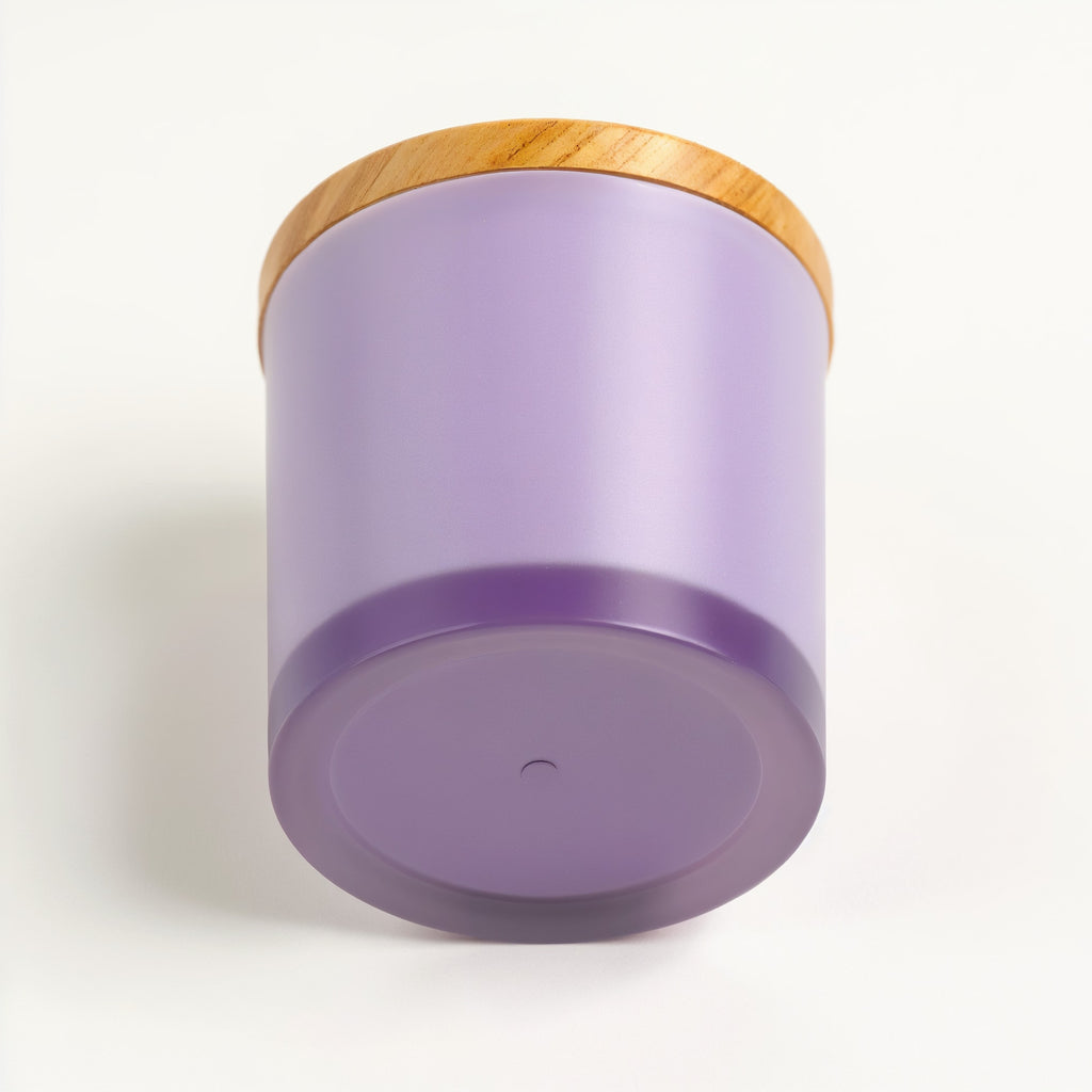 Naldony Lavender Fields Soy Candle — upside-down view showing the base of the matte glass jar