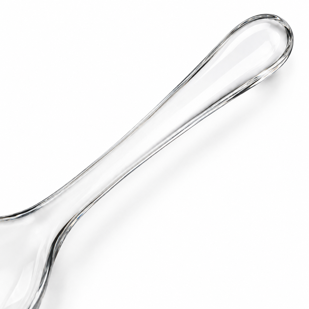 Close-up of glass spoon showing integrated handle.