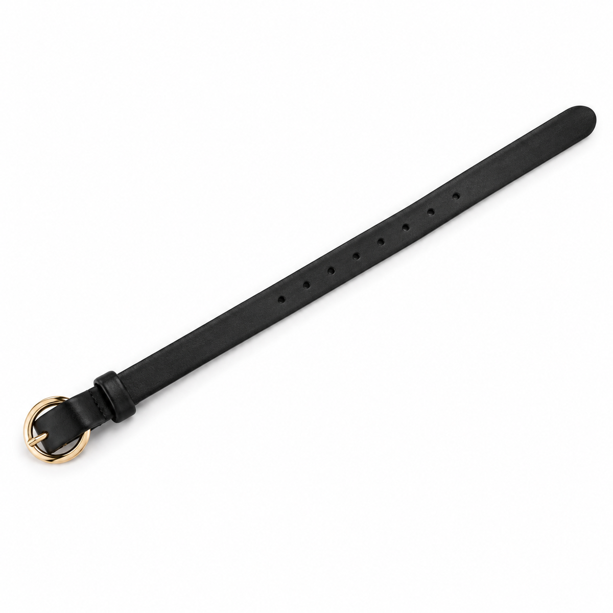 Side view of black leather belt with gold buckle.