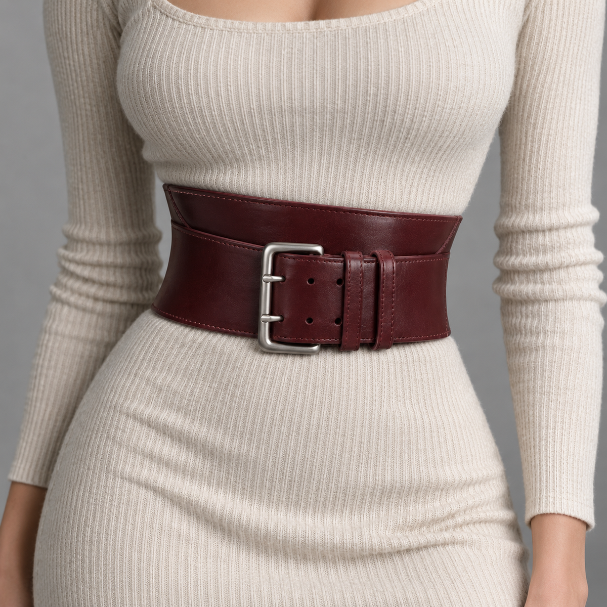 Close-up of silver buckle on naldony burgundy belt.