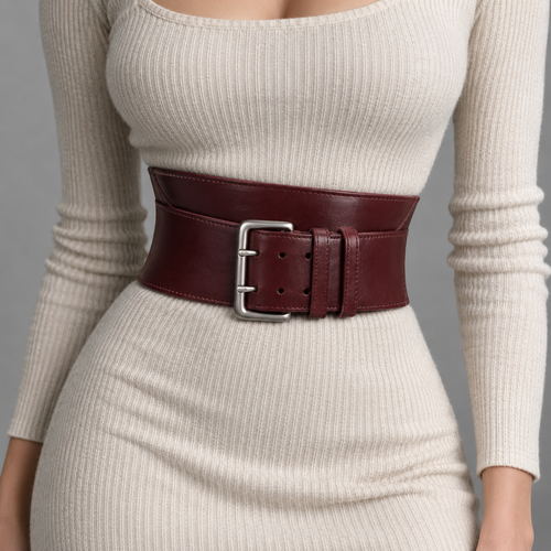 Close-up of silver buckle on naldony burgundy belt.