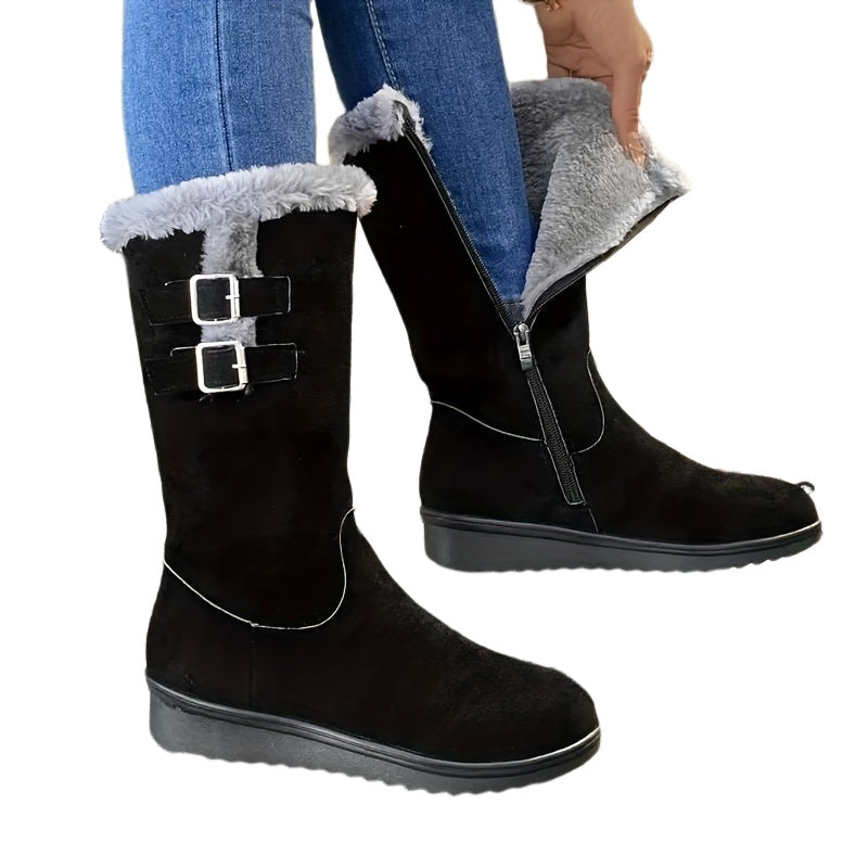 Women's fur lined winter boots with side zip and double buckle