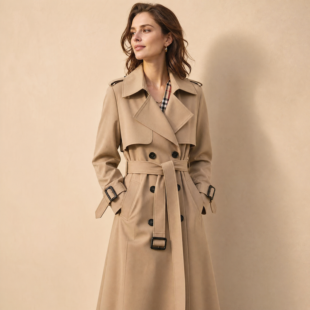 Women's long double-breasted trench coat with belt