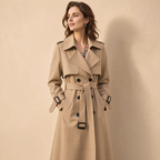 Women's long double-breasted trench coat with belt