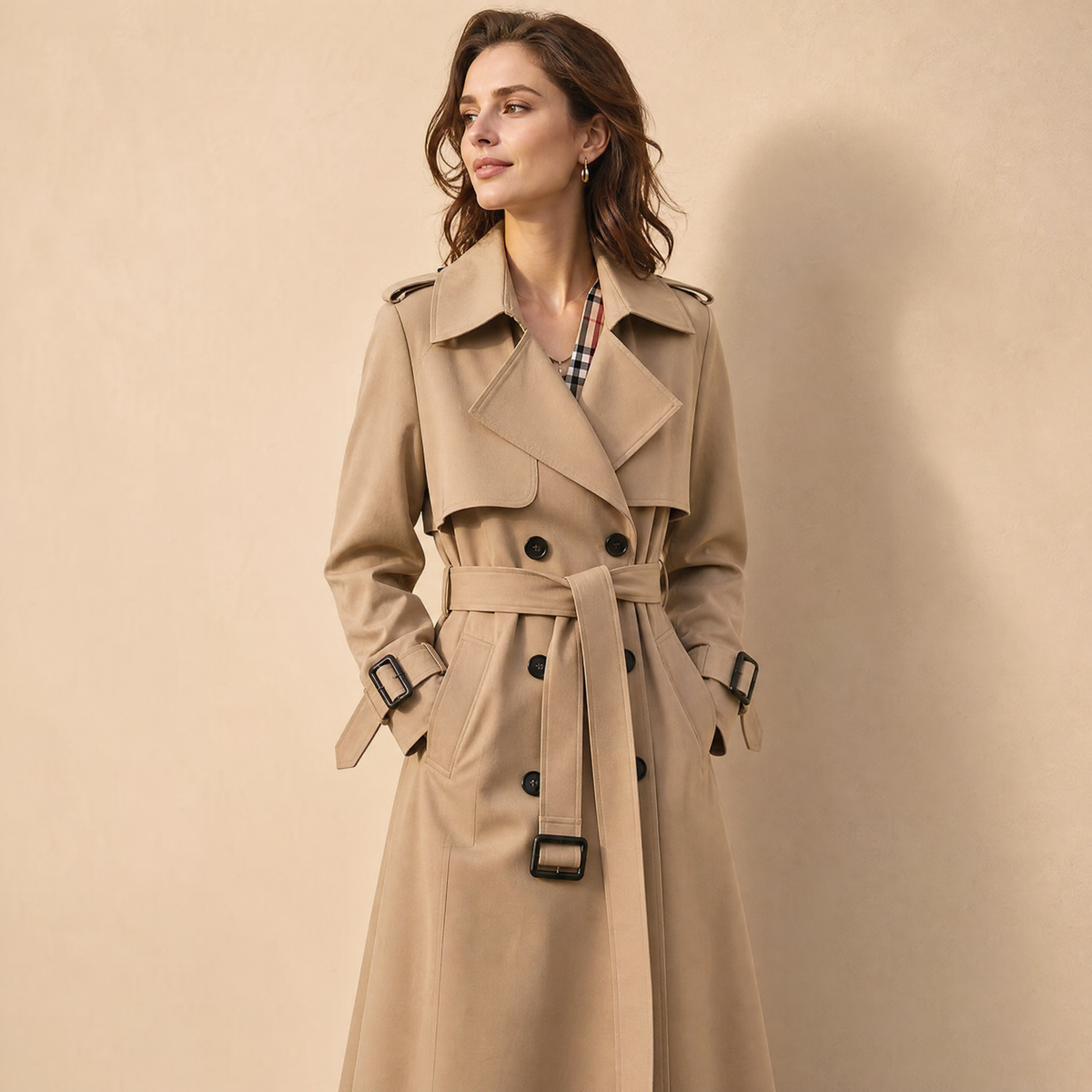 Women's long double-breasted trench coat with belt