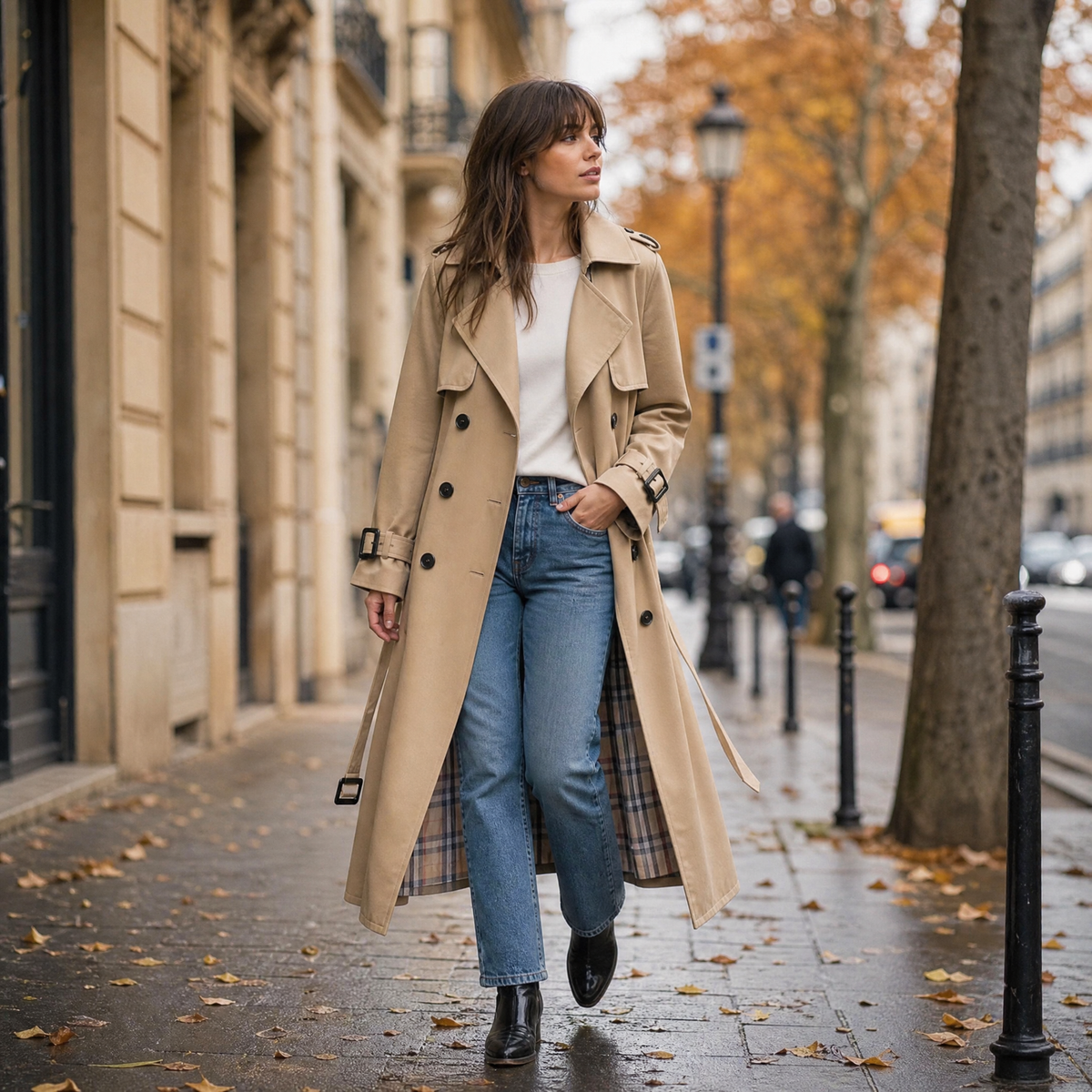 Women's long double-breasted trench coat with belt