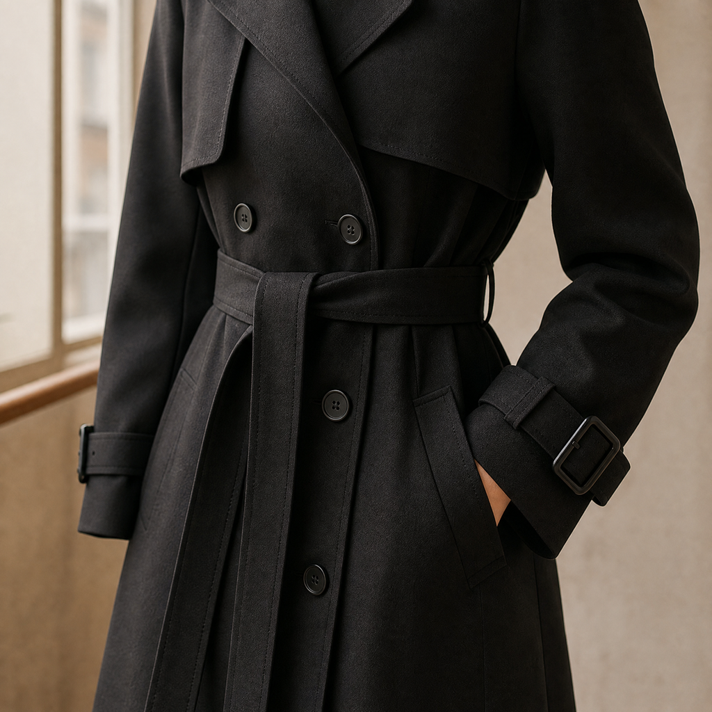Women's long double-breasted trench coat with belt