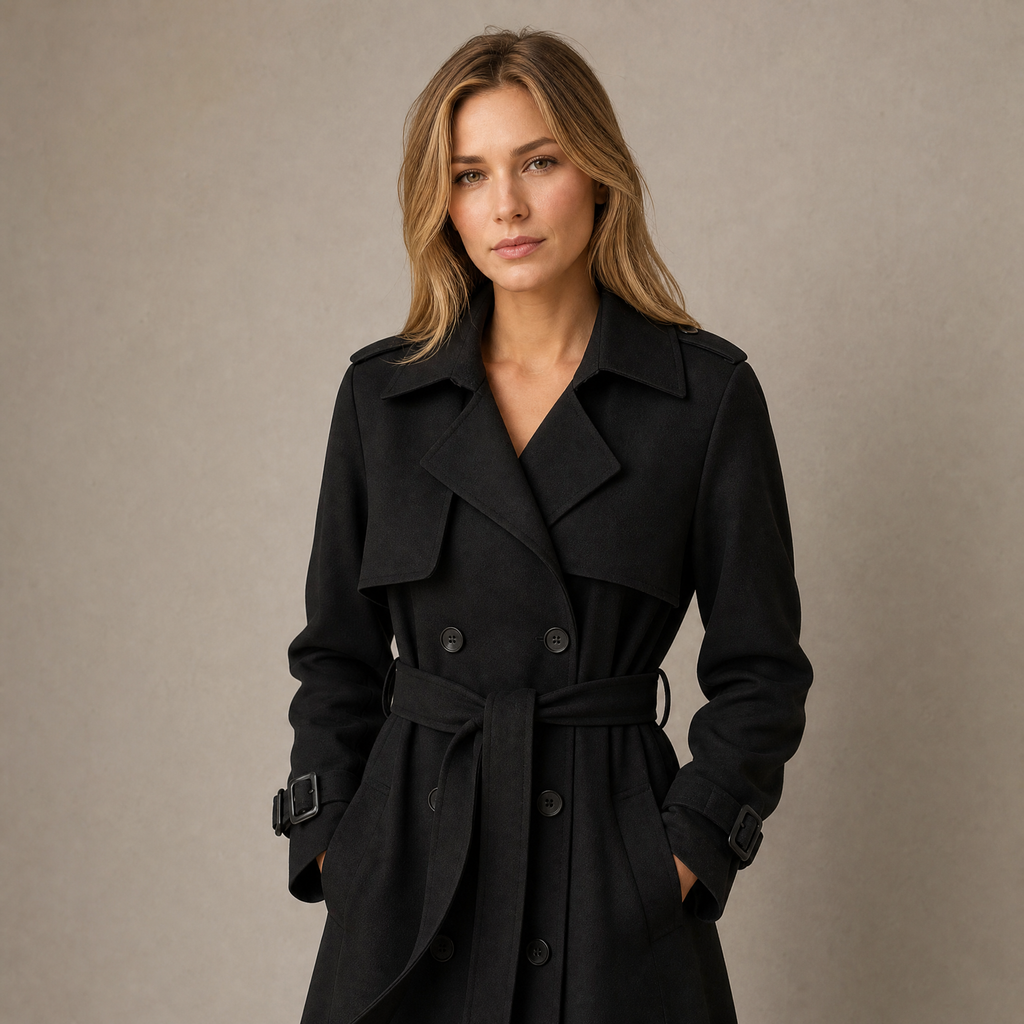 Women's long double-breasted trench coat with belt