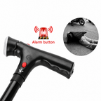 Folding walking stick with four-point base, LED light and alarm