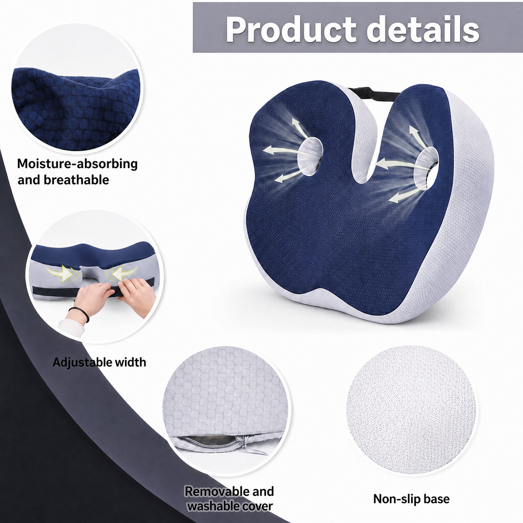 Ergonomic memory foam seat cushion with coccyx cut-out