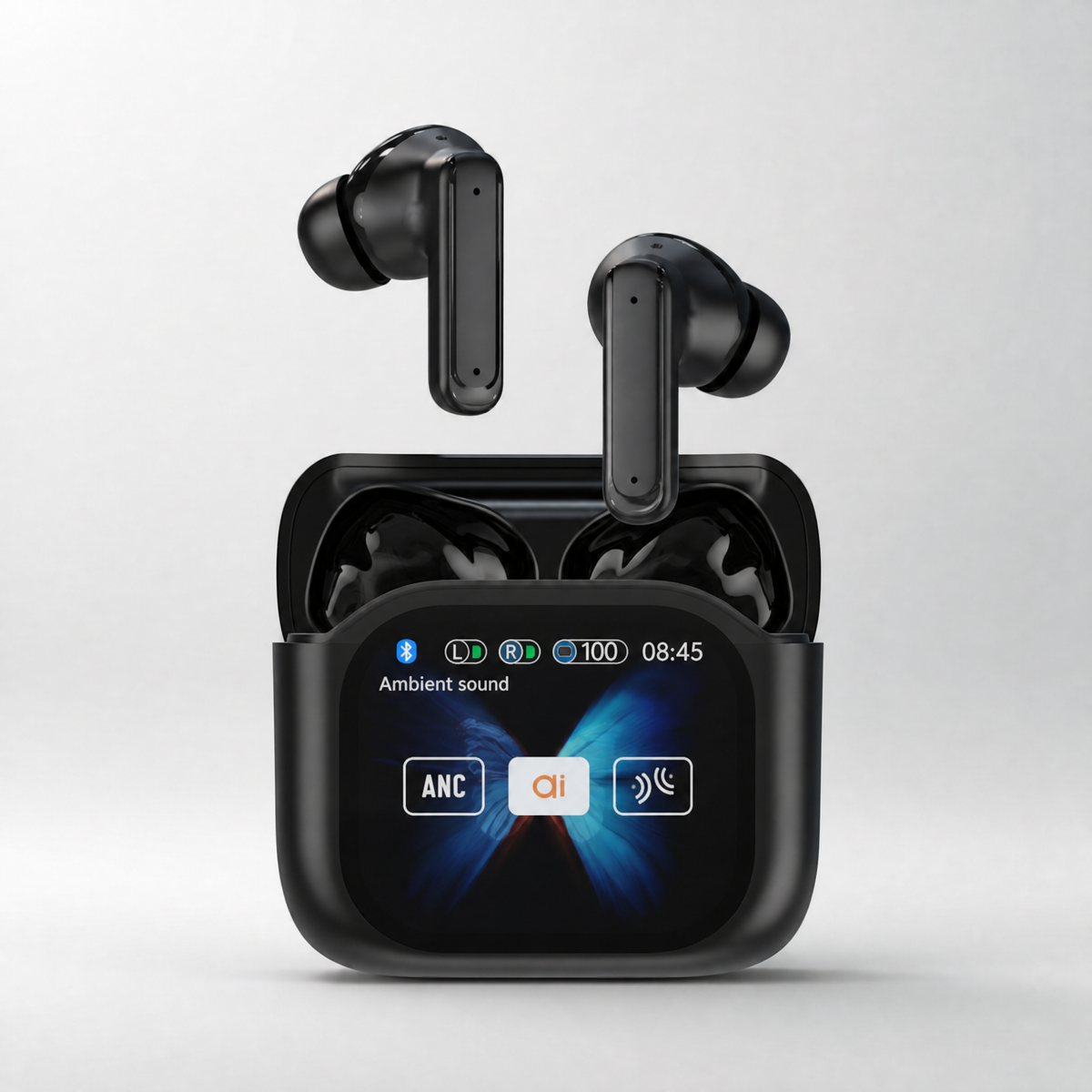 Wireless translator earbuds with touch screen case