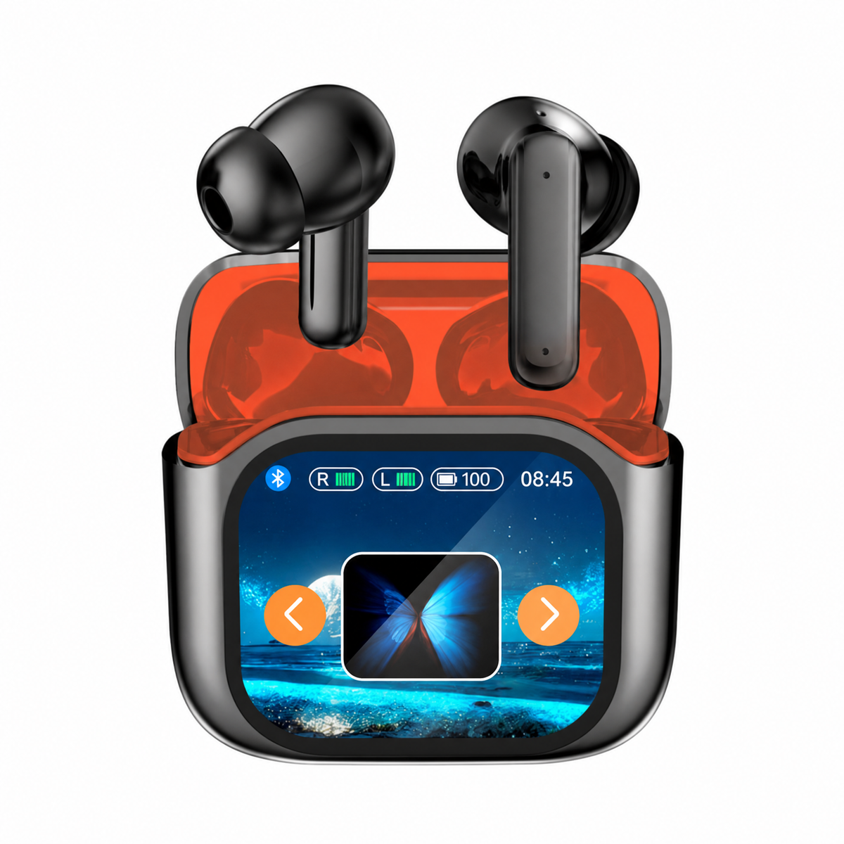 Wireless translator earbuds with touch screen case