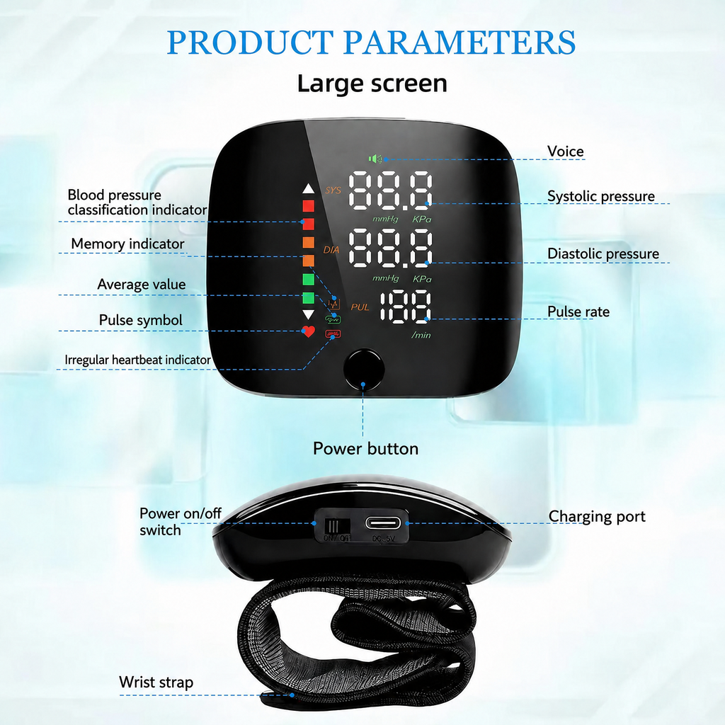 Digital wrist blood pressure monitor with colour LCD display