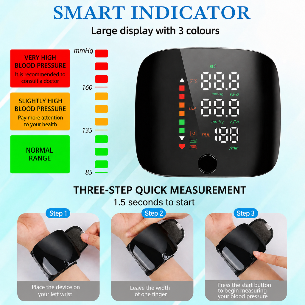 Digital wrist blood pressure monitor with colour LCD display