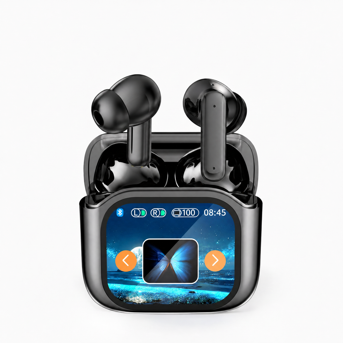 Wireless translator earbuds with touch screen case