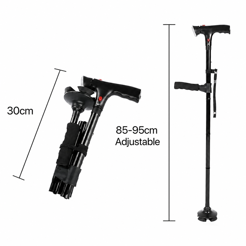 Folding walking stick with four-point base, LED light and alarm