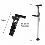 Folding walking stick with four-point base, LED light and alarm