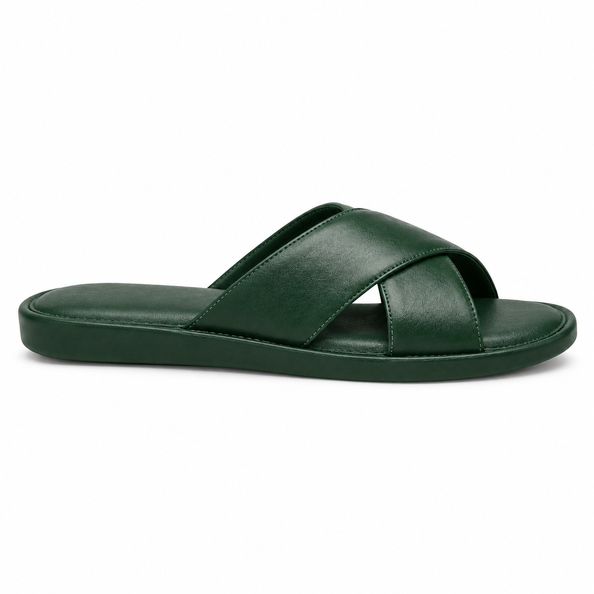 Close-up of cross strap on Naldony green slide sandal.