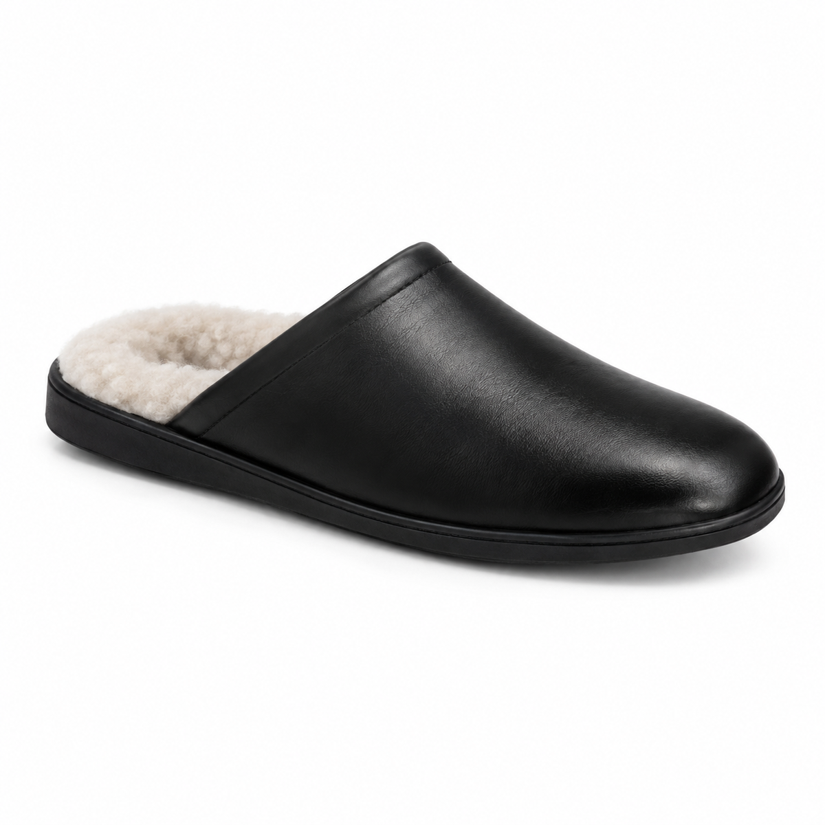 Naldony men's leather slipper with faux fur lining in black, side view.