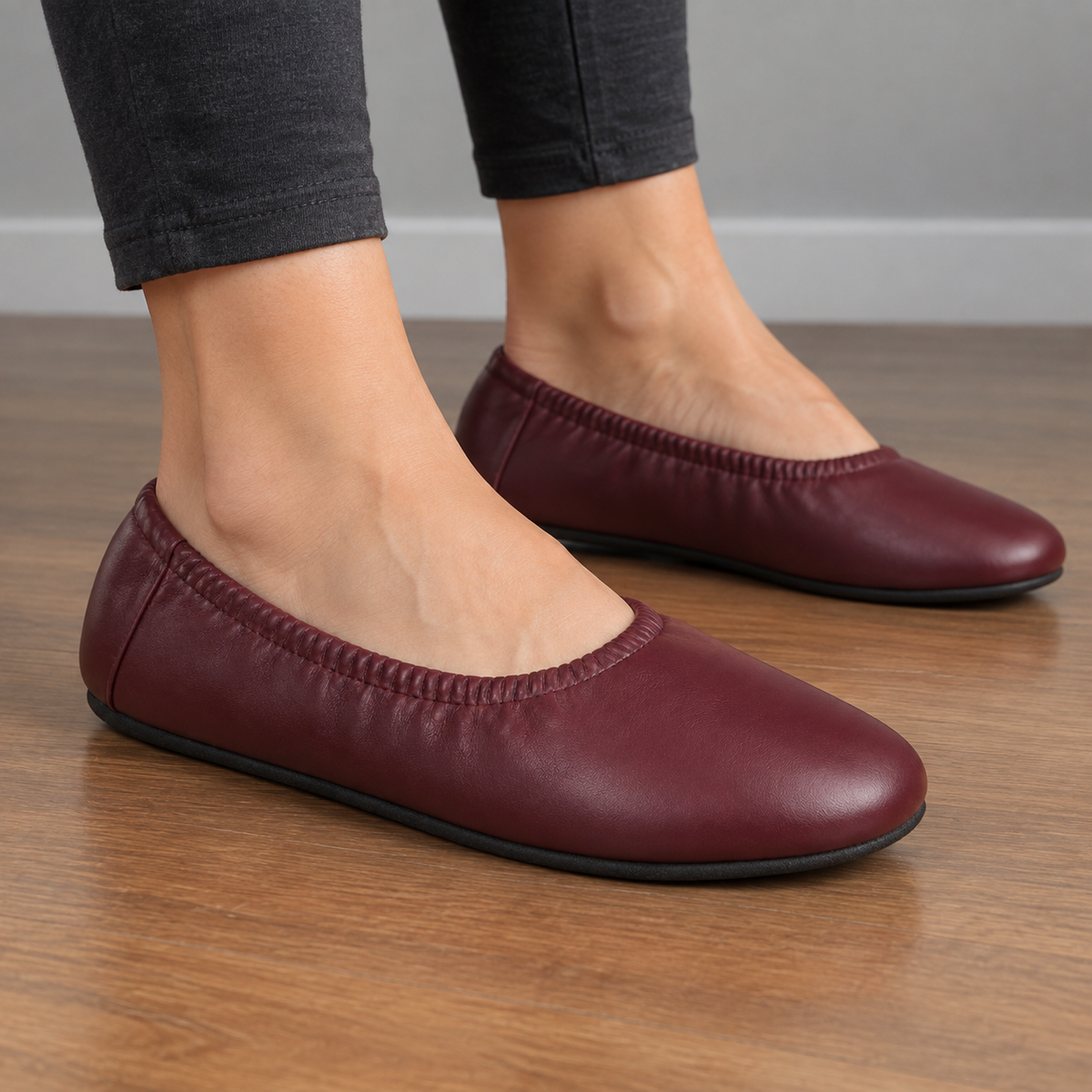 Close-up of faux leather material on ballet flat