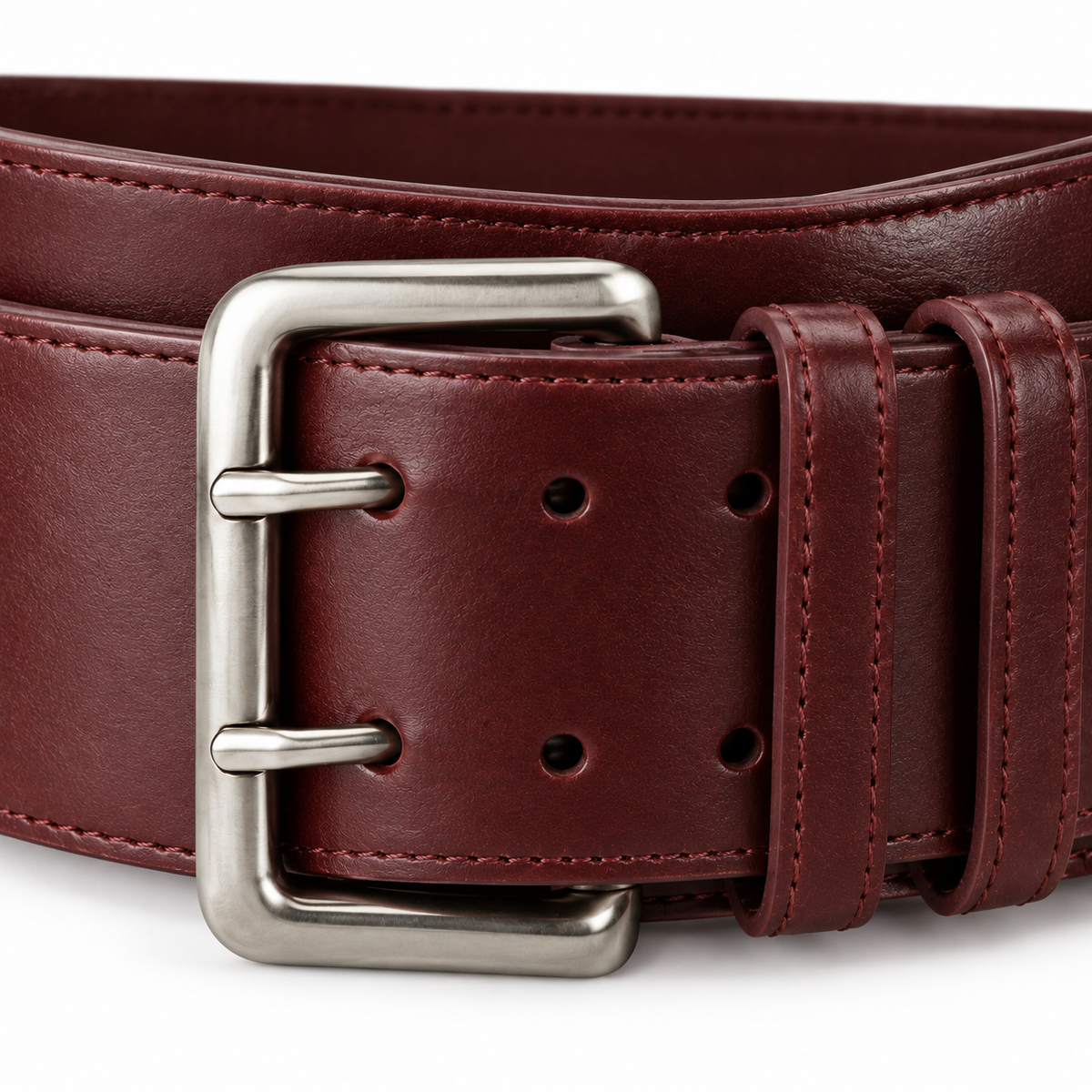 Top view of naldony burgundy belt with silver buckle.