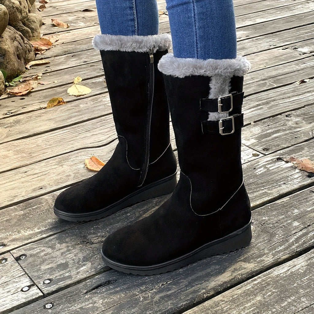Women's fur lined winter boots with side zip and double buckle