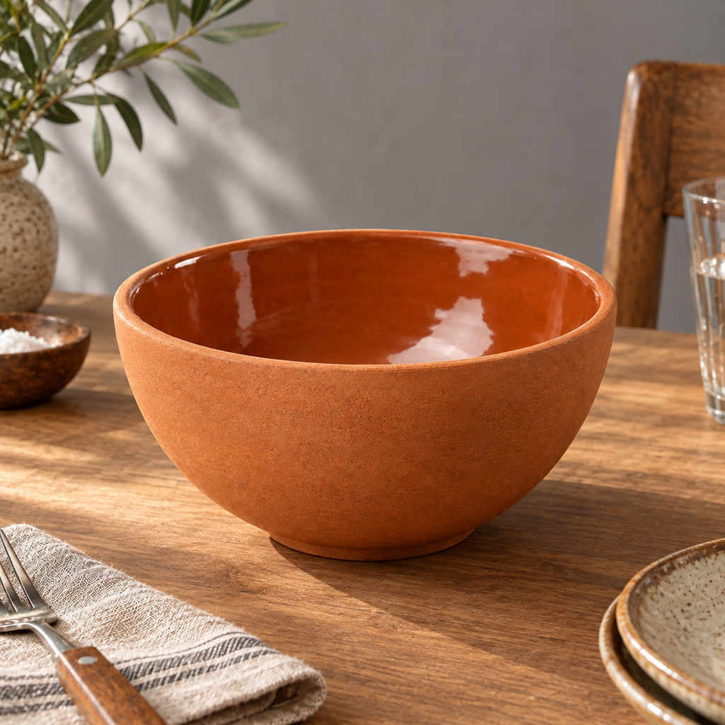 Side angle of rustic terracotta bowl